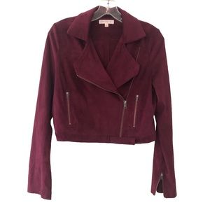 Love Fire Cropped Burgundy Faux Suede Moto Jacket Sz S